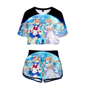 Vasaros cool kawaii animacinių filmų moterų sporto kostiumas Sailor Moon seksualus atsitiktinis 3D T-shirt moterų mados 3D t-marškinėliai + šortai dviejų dalių
