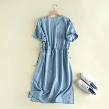 Vasaros džinsinio audinio suknelė plonas juosmens trumpomis rankovėmis, v-kaklo kišenės atsitiktinis šviesiai mėlyna kieta midi Džinsai, suknelės vestido mujer atostogų