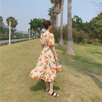 Vasaros Gėlių Spausdinti Šifono Moterų Suknelė Office Elegantiška Panele Derliaus Atostogų Paplūdimio Suknelė Retro Atsitiktinis Korėjos Kilimo Ir Tūpimo Tako 2020 Vestido