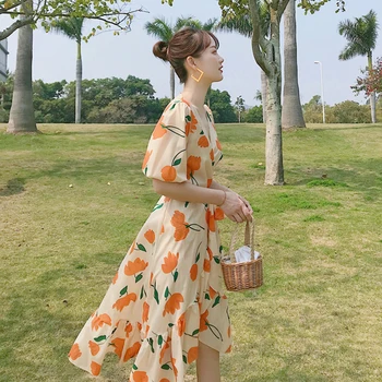 Vasaros Gėlių Spausdinti Šifono Moterų Suknelė Office Elegantiška Panele Derliaus Atostogų Paplūdimio Suknelė Retro Atsitiktinis Korėjos Kilimo Ir Tūpimo Tako 2020 Vestido