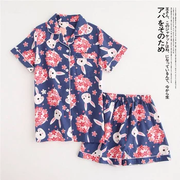 Vasaros Japonijos Paprasta Pižamos Moterims Medvilnės, Trumpomis Rankovėmis, Moteriški Naktiniai Marškiniai, Pižamos Rinkiniai Šortai Mielas Animacinių Filmų Sleepwear Moterų Homewear