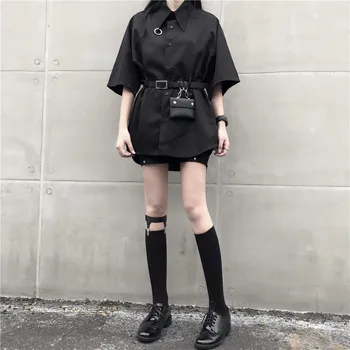 Vasaros Korėjos Mados Blake Marškinėliai Moterims Japonijos Harajuku Gotikos Stiliaus Mygtuką Ponios Viršūnes Mergina, Palaidinės, Negabaritinių Punk Drabužiai