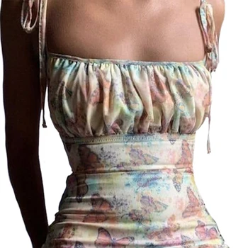 Vasaros Mados Seksualus Moteriški Drugelis Spausdinti Vamzdžio Viršaus Šifono Suknelė Susiėmę Diržas Mini Suknelė