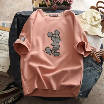 Vasaros Mickey Mouse Moterų Animacinių filmų T-shirt O-Kaklo korėjiečių Drabužius T-shirt Mėgėjams Trumpas Rankovės Laisvi Marškinėliai Moterims Kawaii Marškinėlius