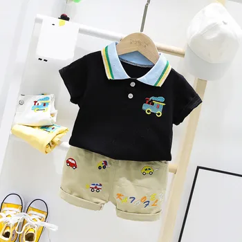 Vasaros nauji vaikiški drabužiai berniukams kombinezonas Kūdikiui atvartas trumpas rankovės marškinėliai + šortai 2 gabalas rinkinių, Kūdikių drabužiai.