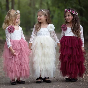 Vasaros nėriniai backless ilgos suknelės 3 - 10 metų amžiaus kūdikių, mergaičių ilgos šifono rankovės baltos spalvos su 3d rose tiulio Sluoksnių cupcake suknelė