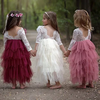 Vasaros nėriniai backless ilgos suknelės 3 - 10 metų amžiaus kūdikių, mergaičių ilgos šifono rankovės baltos spalvos su 3d rose tiulio Sluoksnių cupcake suknelė