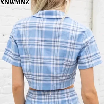 Vasaros palaidinė moterims derliaus pasėlių marškinėliai streetwear pledas ponios viršūnes elegantiškas mygtuką iki marškinėliai korėjos pasėlių viršuje MĖLYNA 2020 za