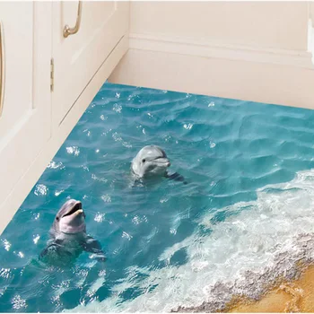 Vasaros Paplūdimio Sienų Lipdukai 3D Grindų Delfinų Paplūdimys, Banglentės Mėlyna Jūra Dekoratyviniai Lipdukai Vonios kambarys, Virtuvė, Vaikai Plakatas