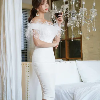 Vasaros Plunksnos Midi Suknelė Korėjos Moterų Sexy Off Peties Velniop Kaklo Klubas Pieštuku Bodycon Suknelė Balta Juoda Šalis Suknelė 2020 A126