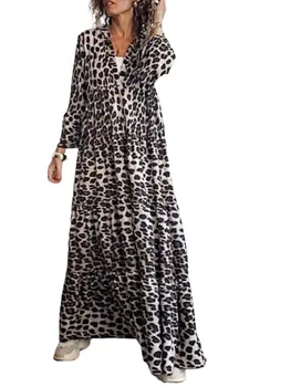 Vasaros Rudens Moterys Bohemijos Leopard Print Suknelė Ponios Blyksnius Rankovėmis Suknelė Moterų V-kaklo, Ilgos Suknelės Pirkinių Kelionės Pažintys