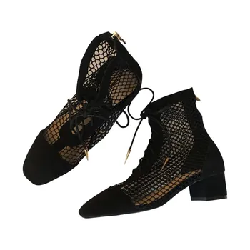 Vasaros sandalai su tuščiaviduriai iš moters trumpas vamzdis tinklo įkrovos dirželis juodas gazas Romos batai