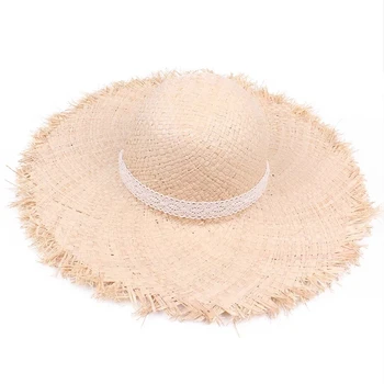Vasaros skrybėlę moterų Rafija šiaudų skrybėlę su plačiomis lady elegantiškas nėrinių diržas paplūdimio skrybėlę Sombrero Mujer, sulankstomas kelionės bžūp moterims