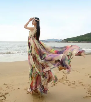 Vasaros Stiliaus Apynasrio Kaklo Spalvingi Šifono Maxi Suknelė Negabaritinių Holiday Beach Sundress