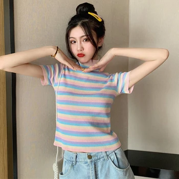 Vasaros Trikotažo Marškinėliai Moterims Korėjos Spalvinga Dryžuotas Pasėlių Viršuje Tee Harajuku Streetwear Golfo Marškinėliai Derliaus Kawaii Viršūnes W376