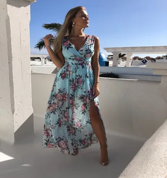 Vasaros šifono paplūdimio atostogų spausdinami ilgai wrap suknelė Moterims sexy v kaklo, rankovių ritininės sūpynės maxi suknelė Šviesiai mėlyna rožinė sukienka