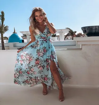 Vasaros šifono paplūdimio atostogų spausdinami ilgai wrap suknelė Moterims sexy v kaklo, rankovių ritininės sūpynės maxi suknelė Šviesiai mėlyna rožinė sukienka