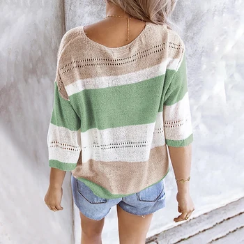 Vasarą naujas paplūdimio megztiniai megztinis viršūnes karšto stilius Europos ir Amerikos dryžuotų spalvų, tuščiaviduriai džemperis moterims