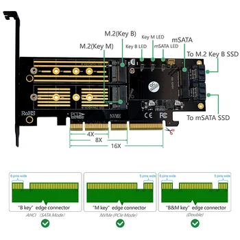 Versijos 3 in 1 Msata ir M. 2 NGFF NVME SATA SSD su PCI-E 4X ir SATA3 Adapteris su Heatsink