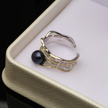 Vestuvių Nekilnojamojo 925 Silver Pearl Lapų Žiedas Reguliuojamas, Baltos Spalvos Gėlavandenių Perlų Žiedas Moterų Sužadėtuvių Dovana