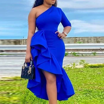 Vienos pečių seksualus šalis suknelė nesimetriškas mėlyna raukiniai undinė vestidos bodycon afrikos moterų vakarienė vakare prom vasaros suknelė