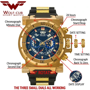 VILKAS-CUB Originalus Kūrybinės Aukso Vyrų Kvarciniai Laikrodžiai 3D Dial Dizaino Full Steel Kalendorius Vandeniui Didelis Laikrodžiai Chronograph