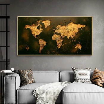 Vintage Gold Pasaulio Žemėlapio Vaizdą Šiuolaikinės Drobė HD Spausdinti Plakato Office Freskos Gyvenimo Kambario, Miegamasis Namų Puošybai Be Rėmo