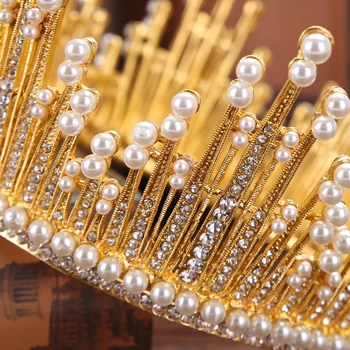 Vintage Gold Pearl Tiara Apvalus Didelis Karūna Crystal Cirkonio Nuotaka Plaukų Papuošalai Karalienės Karūną, Vestuvių Aksesuarai Hairwear