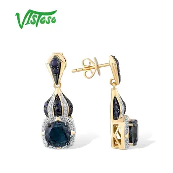 VISTOSO Aukso Auskarai Moterims, Originali 14K 585 Geltonos Aukso Putojantis Deimantas London Blue Topazas Safyras Šalies Fine Jewelry