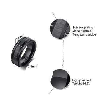Vnox Klasikiniai vyriški 8mm Juodas Volframo Karbido Vestuvių Juostoje Žiedas Plytų Modelis Šepečiu Apdaila