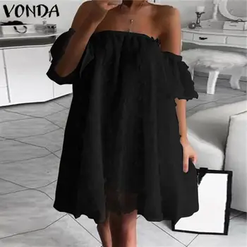 VONDA 2021 m. Vasarą Mini Suknelė Atsitiktinis vientisos Spalvos Suknelės, Plius Dydis Bohemijos Paplūdimio Sundress Femme Off Peties Vestidos 5XL Skraiste