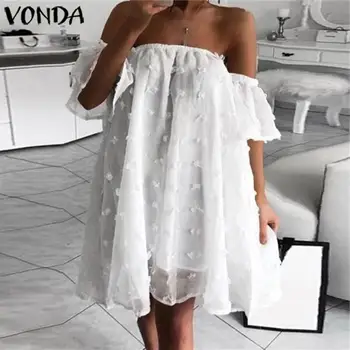 VONDA 2021 m. Vasarą Mini Suknelė Atsitiktinis vientisos Spalvos Suknelės, Plius Dydis Bohemijos Paplūdimio Sundress Femme Off Peties Vestidos 5XL Skraiste