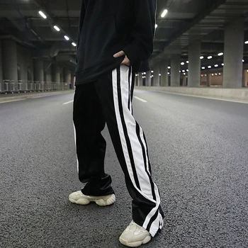 Vyrai Apačioje Užtrauktukas Aksomo Pločio Kojų Kelnės Pusėje Spliced Juostele Tiesiai Kelnių Prarasti Atsitiktinis Elastinga Juosmens Kelnes Hip-Hop Streetwear