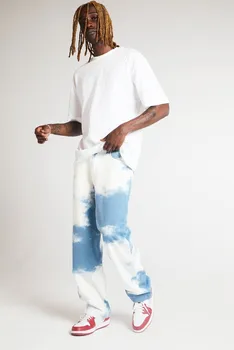 Vyrai Dangus Mėlynas Ilgas Kelnių Tiesūs Džinsai Atsitiktinis Palaidų Tiesiai Džinsinio Audinio Kelnės, Kaklaraištis, Dažų, Spausdinimo Hip-Hop Streetwear