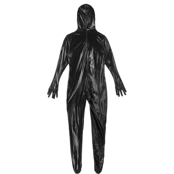 Vyrai Egzotinių vientisas Blizga Metalo Zentai Bodysuits Catsuit ilgomis Rankovėmis su Gobtuvu Visą Kuriems Bodysuit Unitard Naktį Clubwear