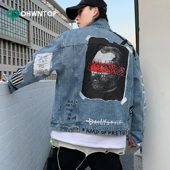 Vyrai Grafiti Džinsinio Audinio Švarkai Streetwear Hip-Hop Atsitiktinis Kratinys Kankina Prislėgta Punk Rock Skylę Pobūdžio Džinsai, Paltai Outwear