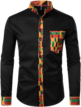 Vyrai Hipster Afrikos Dashiki Genčių Grafinis Kratinys Marškinėliai Slim Fit Long Sleeve Mandarinų Apykaklės Marškinėliai Camisas Vyrų Drabužiai.