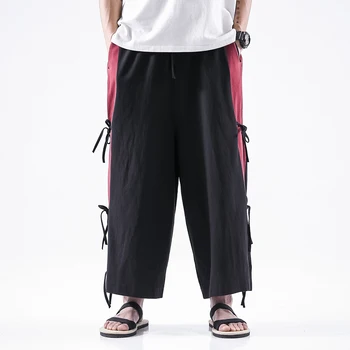 Vyrai Lino Plati Koja Pants Vyriškos Juodos Harajuku Streetwear Haremo Kelnės Vyras Kinų Stiliaus HanFu Kongfu CottonTrousers Sijonas