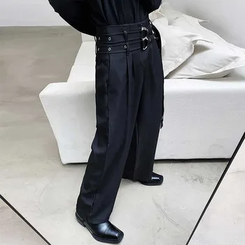Vyrai Rudenį Naujų Dvigubas Diržas Laisvas Tiesiai Plataus Kojų Atsitiktinis Kelnės Vyrų Harajuku Streetwear Vintage Mados Kelnės