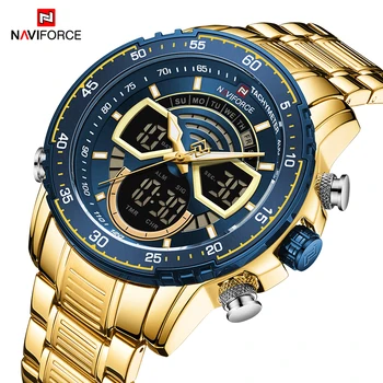 Vyriški Laikrodžiai Top-Prekės NAVIFORCE Kvarco Digital Dual Watch Vyrų Nerūdijančio Plieno, atsparus Vandeniui GoldBlue Laikrodis Relogio Masculino
