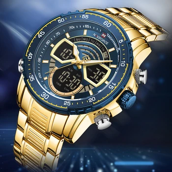 Vyriški Laikrodžiai Top-Prekės NAVIFORCE Kvarco Digital Dual Watch Vyrų Nerūdijančio Plieno, atsparus Vandeniui GoldBlue Laikrodis Relogio Masculino