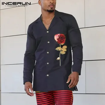 Vyrų Marškinėliai Prekės Pasukite Žemyn Apykaklės Gėlių China ilgomis Rankovėmis Chic Mados Atsitiktinis Suknelė Marškiniai Vyrai Streetwear Camisas 2021 INCERUN