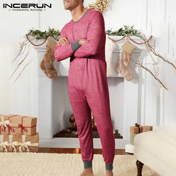 Vyrų Pižama Jumpsuit Homewear ilgomis Rankovėmis Laisvalaikio Dryžuotas Mygtuką Rompers Patogus Sleepwear Vyrų darbo drabužiai S-5XL INCERUN