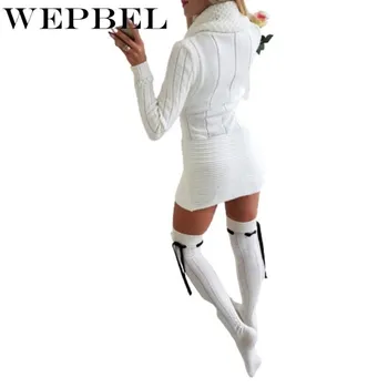 WEPBEL Moterų Kietas Puloveriai Rudens Žiemos Moterų Mados Golfo Seksualus ilgomis Rankovėmis Megzti Plonas Džemperis-Suknelė