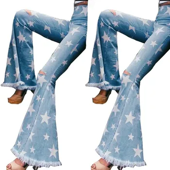 Wepbel Moterų Star Spausdinti Ripped Jeans Tassled Krašto Varpo apačioje Džinsinio audinio Kelnės 2020 Metų Vasaros Plius Dydis Aukšto Juosmens Džinsai Kelnės