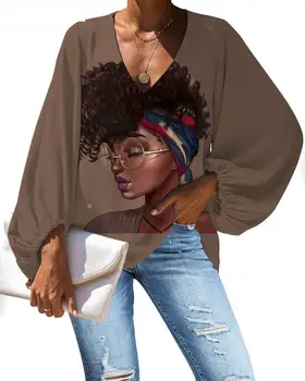 WHEREISART Didelio Dydžio Palaidinė Afro Juoda Merginos Magic Lady Palaidinė Melanino Poppin Prarasti ilgomis Rankovėmis Marškinėliai Topai Plus Size V-kaklo