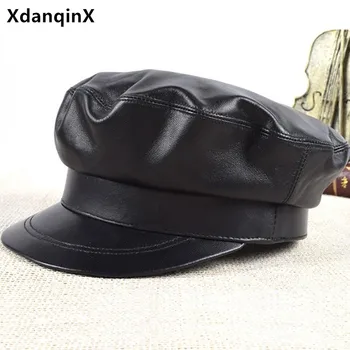 XdanqinX moterų natūralios odos skrybėlę kariuomenės Karinių Kepuraitės, vyriški avikailis odos dangteliu, Punk, retro odos skrybėlę markių juodos kepurės