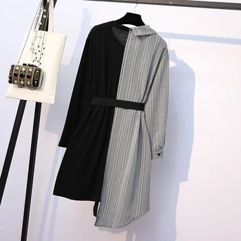 XL-4XL Rudenį Plius Dydis Moterų Suknelė ilgomis Rankovėmis 2020 Laisvalaikio Moteriški Didelių Dydžių Suknelė Mygtuką Diržo Streetwear Pledas Marškiniai, Suknelės