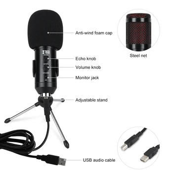 XTUGA USB Kondensatoriaus Mikrofonas Įrašymo MIC USB Podcast MIKROFONAS Built-In Ekranas su Aido Efektas PC Įrašą, 