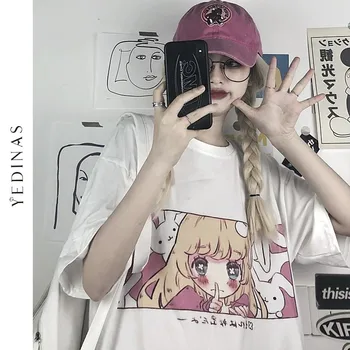 Yedinas Anime Mergina Vaizdas Spausdinti Moterys T Shirts Harajuku Japonų Stiliaus Tee Estetinės Y2K Viršūnes Merginos Kawaii T-shirts Negabaritinius